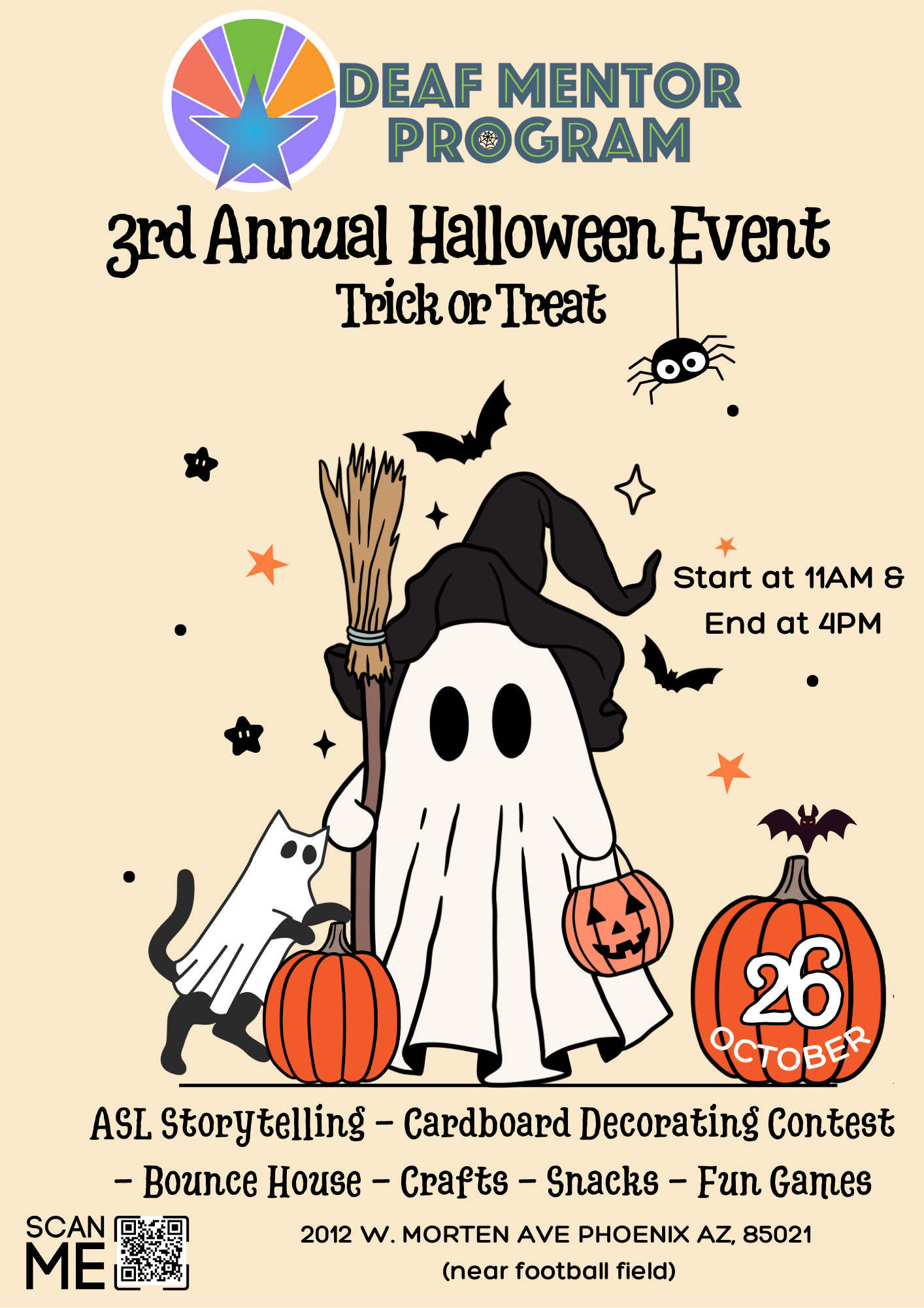 Attached is a flyer with a graphic of a ghost and a pumpkin. Text reads, "Deaf Mentor Program 3rd annual Halloween event Trick or Treat. Start at 11am & end at 4pm. ASL Storytelling, Cardboard decorating contest, bounce house, crafts, snacks, fun games. 26 October. 2012 W Morten Ave Phoenix AZ, 85021 (Near Football field)." A qr code is seen in the bottom left.