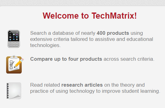 Picture of Techmatrix webpage. Gray background and red words.
