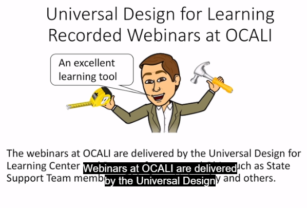Front slide of UDL webinar, picture of animated man