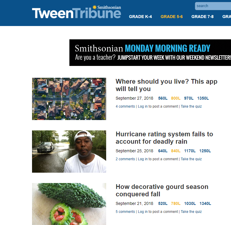Tween Tribune; Various lexile levels per story
