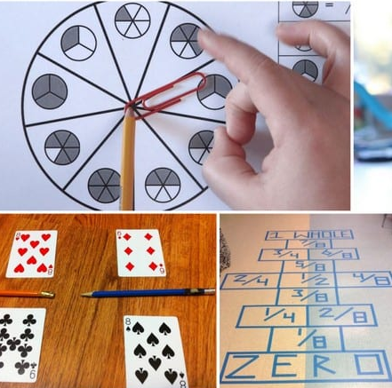 A picture of a pie chart with fractions in it, using playing cards for fractions, and a connect four game.