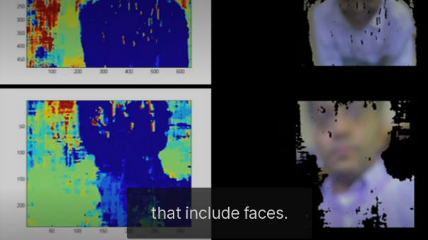 screen shot from video showing green and blue digital images