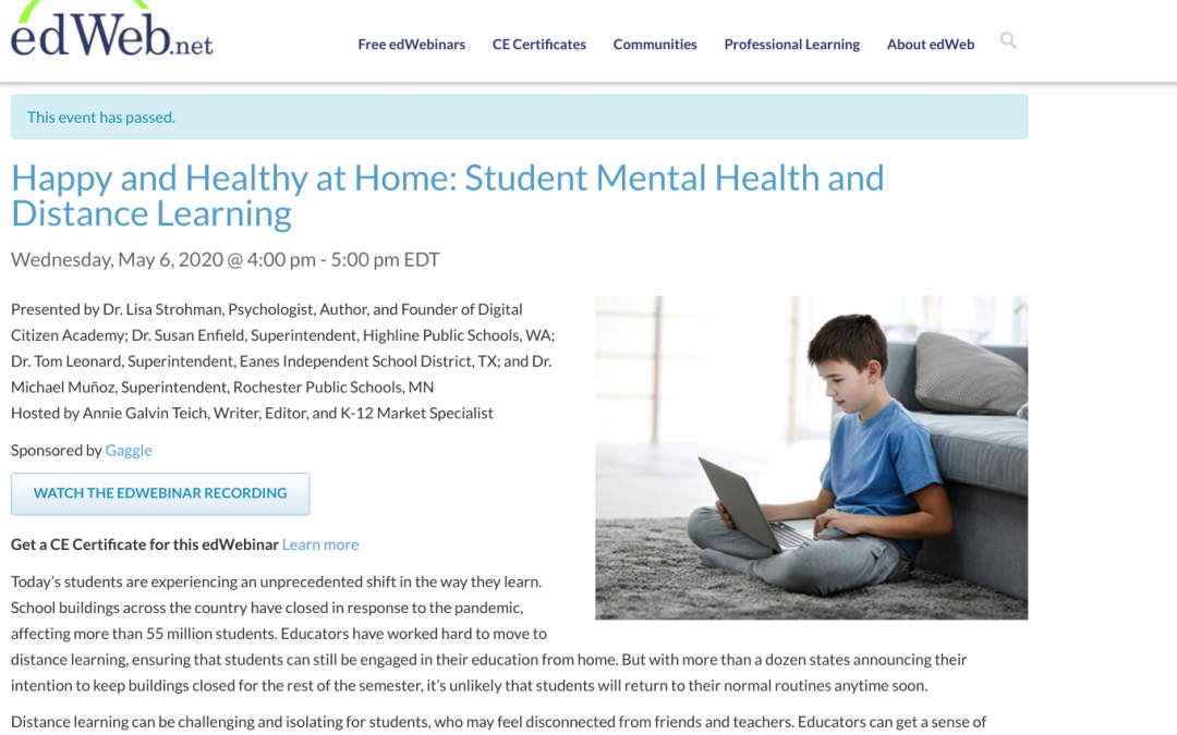 edweb logo with words and picture of child sitting on the floor in a home leaning against a couch while looking at a laptop