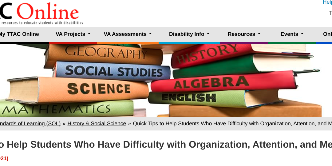 homepage of TTAC with piles of colorful book spines that say Science, Social Studies, English, Algebra, Geography and History
