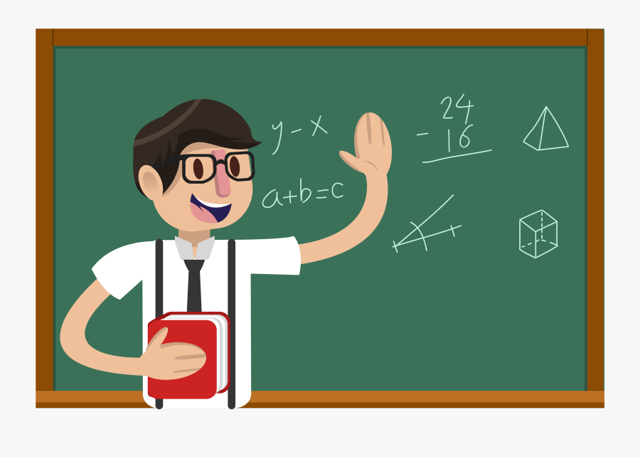 smiling cartoon teacher in front of chalkboard with algebra equations written on it