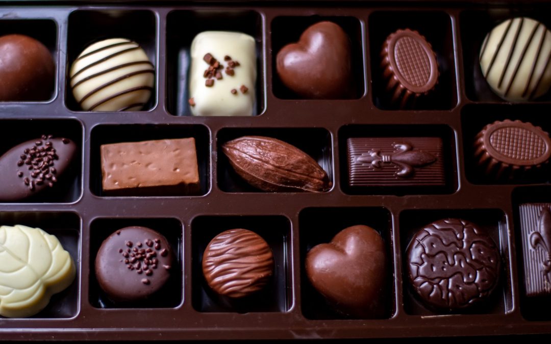 box of assorted chocolates candies in sectioned container