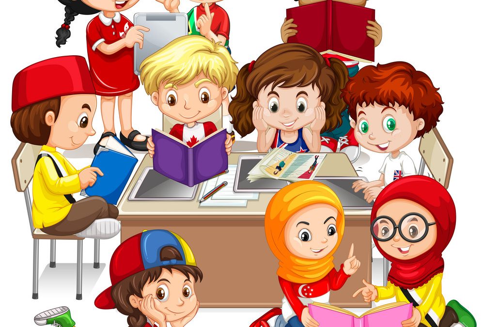 Group of international children learning illustration