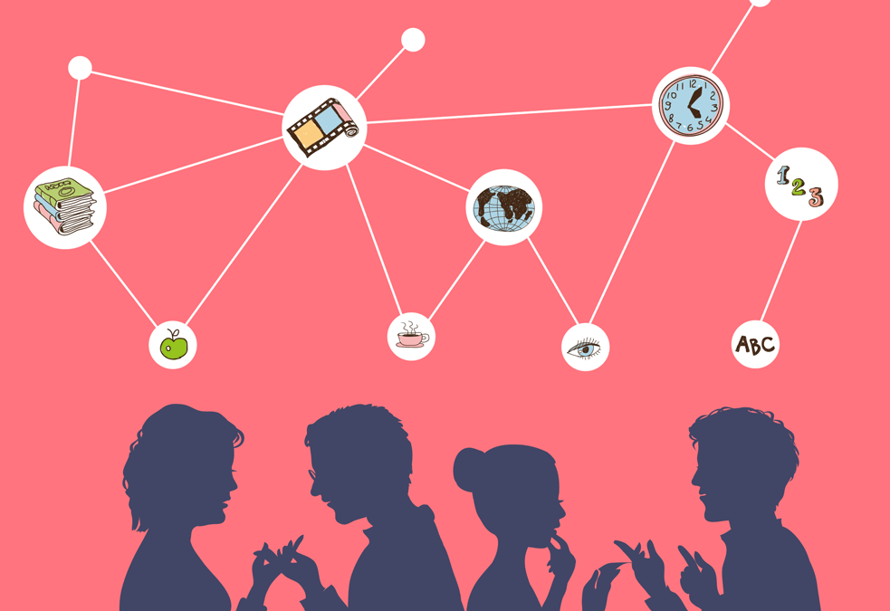 silhouette of adults talking with pictures of ideas all connected in a web