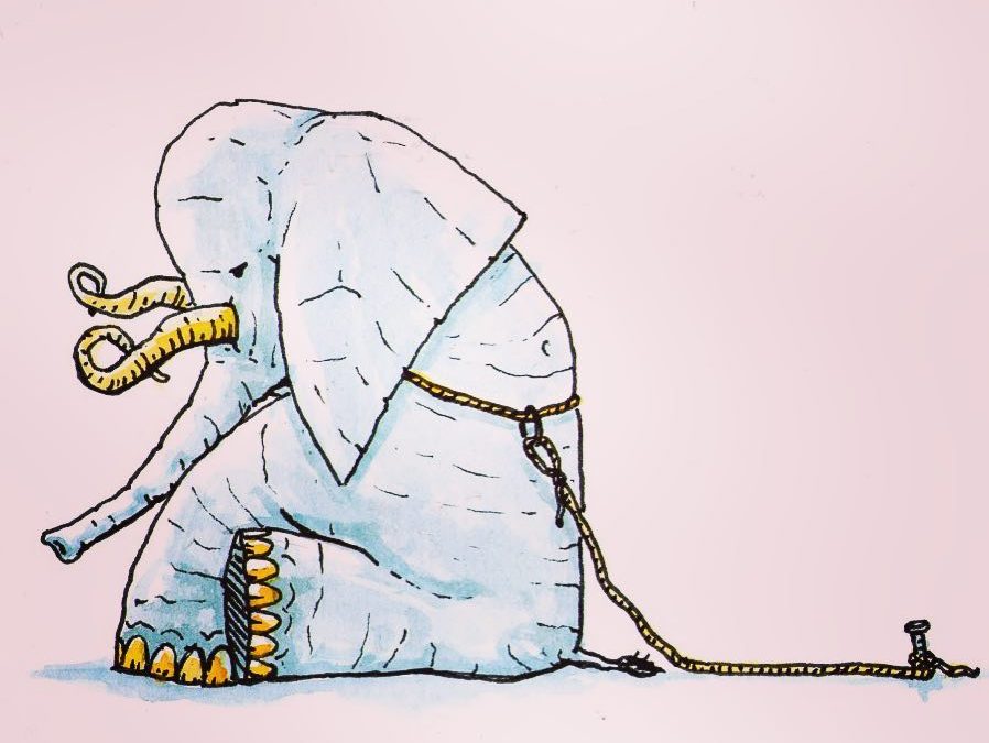 sad cartoon elephant with a rope around its body and attached to a ground stake