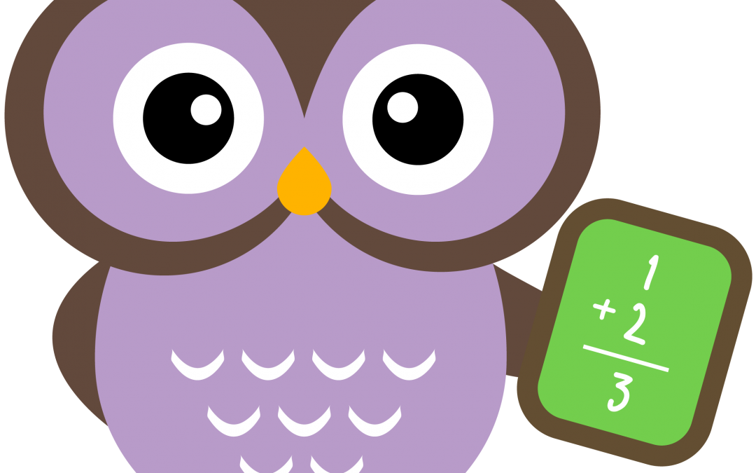 cartoon drawn purple owl with small blackboard showing a simple math equation