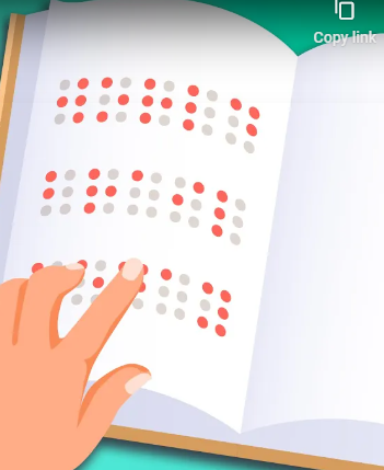 Cartoon image of a hand reading a page of braille