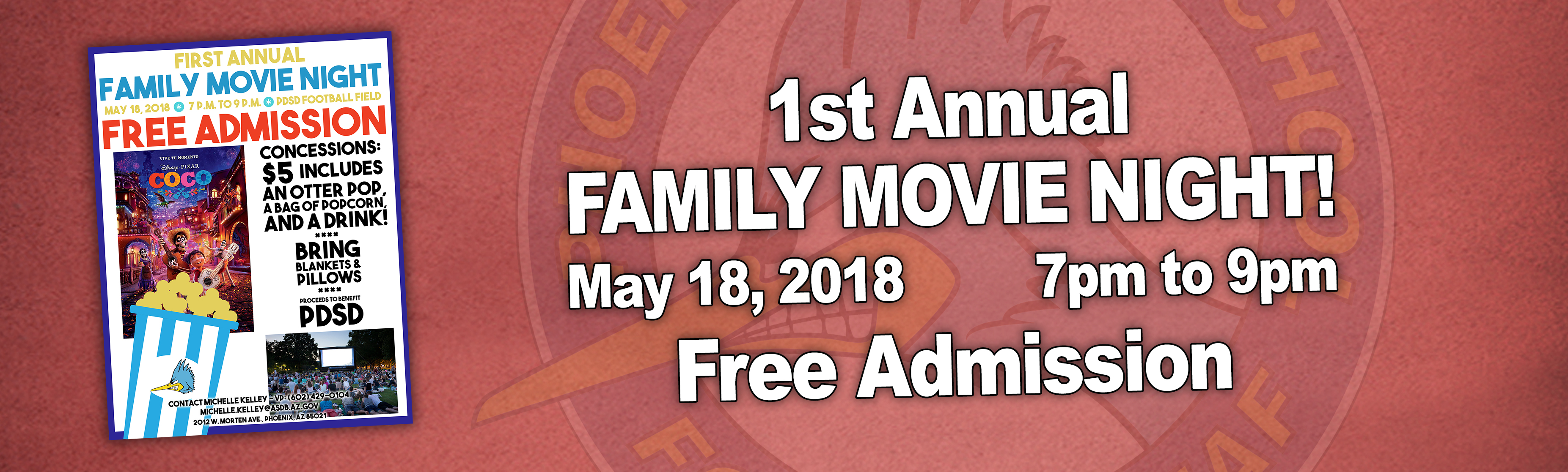 banner for family movie night on may 18, 2018 free admission