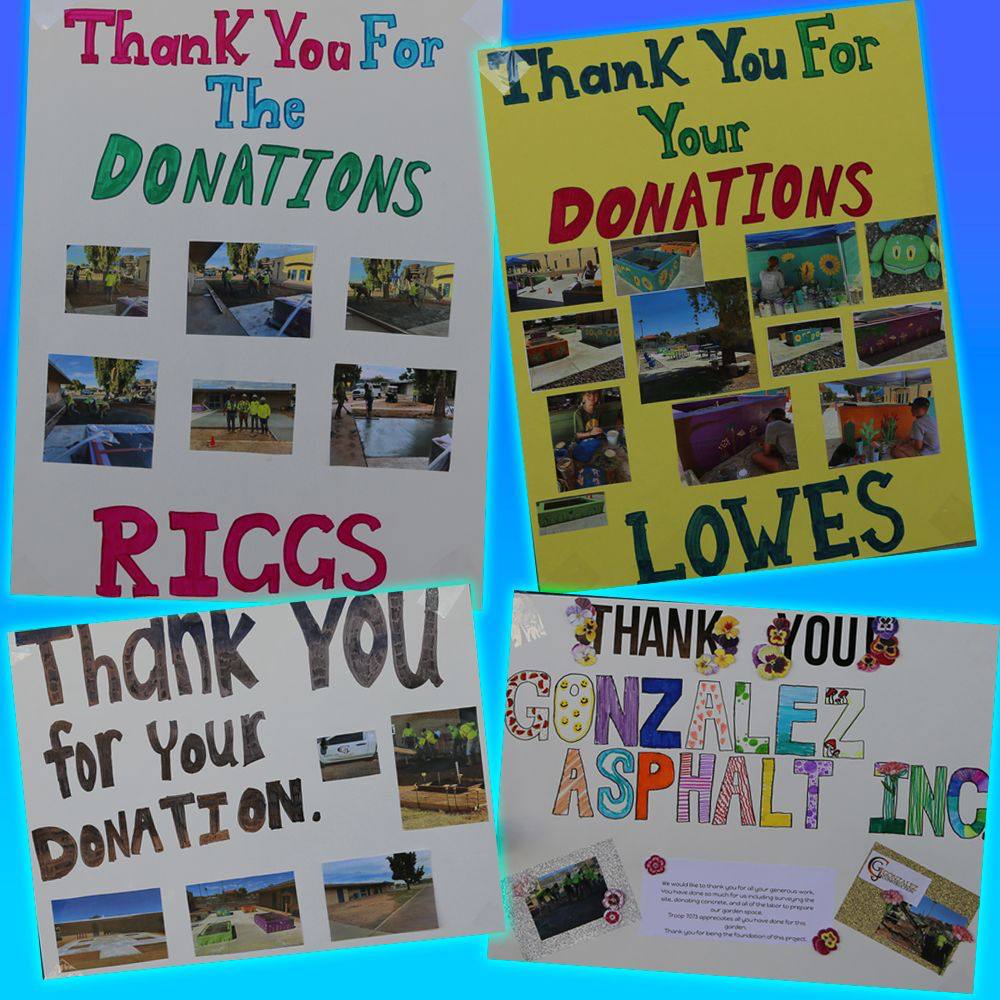 A collage of signs that read "Thank you for your donations" and the names of the community members that donated.