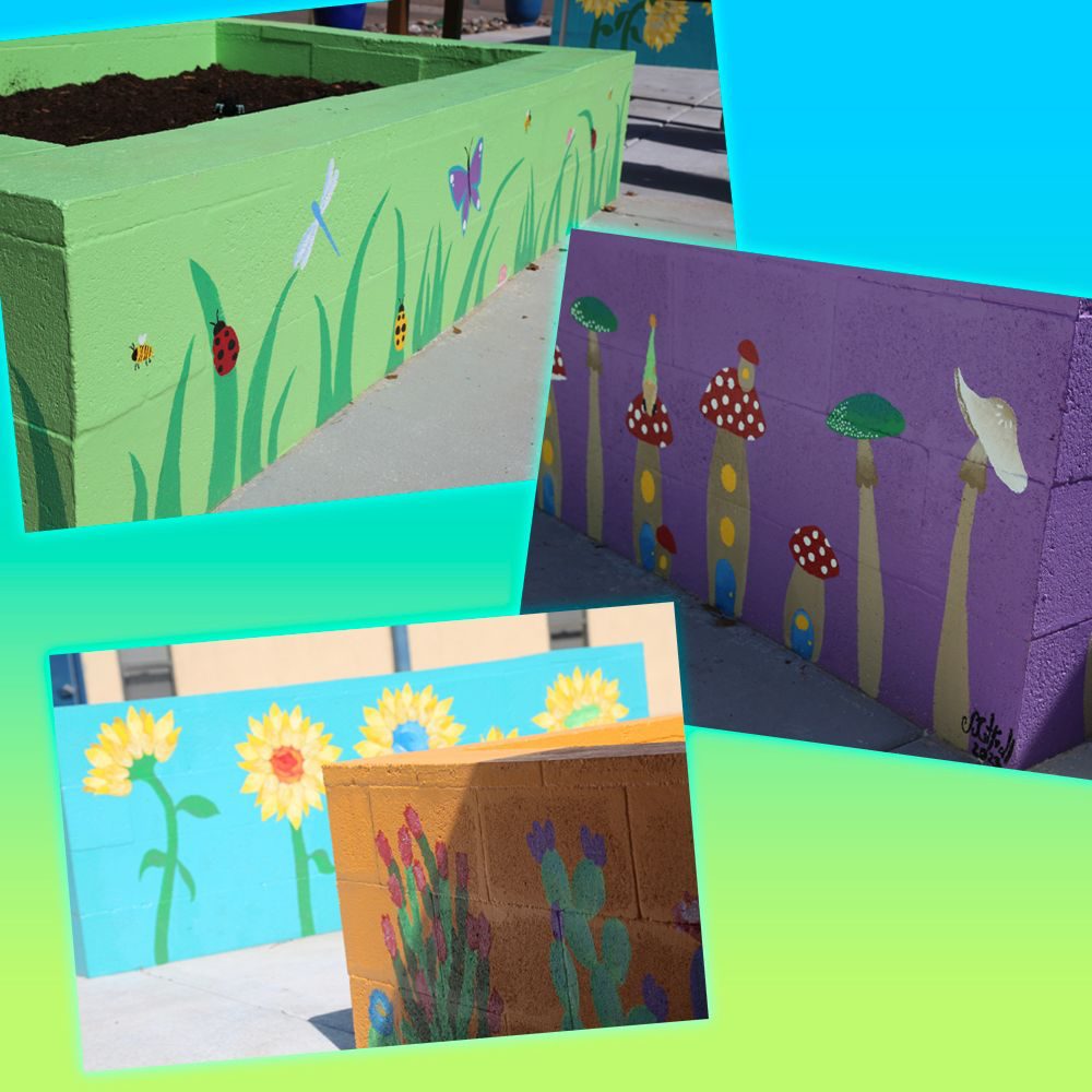 A collage of photos depicting the different walls of the garden planters. The walls are blue, green and purple with different plants painted on top.