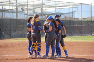 Girl's softball team huddles together to talk on the field