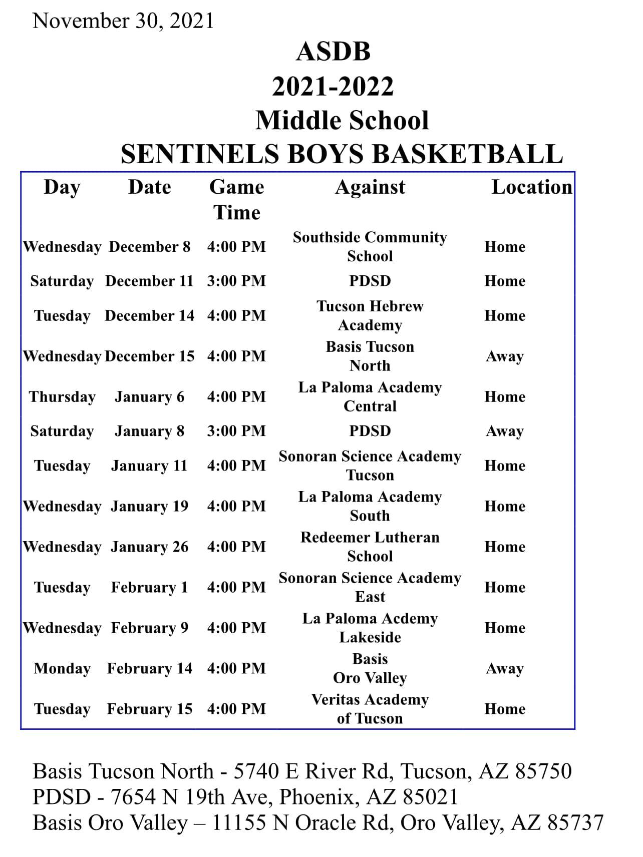The dates and times of the Middle School boys basketball team