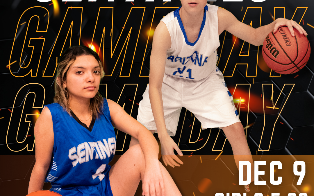 Graphic of two students holding a basketball with text that reads, "Sentinels Game Day."