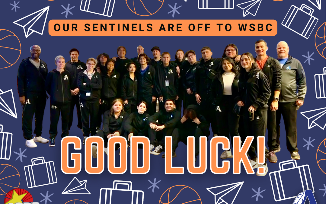 A group of students and staff are seen posing for a photo. They are all smiling at the camera. Background shows graphics of a paper airplane, briefcase, and basketball. Text reads, "Our Sentinels Are Off TO WSBC. Good Luck!"
