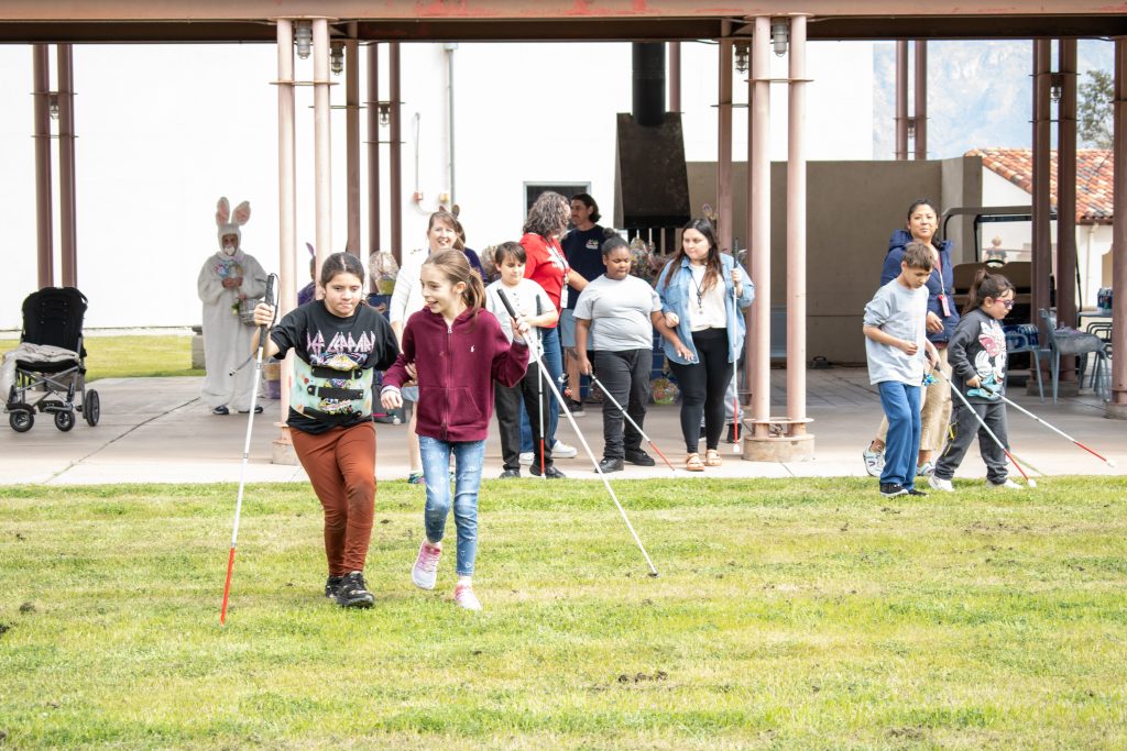 Students with their white canes take to the field to look for eggs