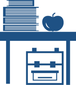 Blue icon of a teacher desk with books, an apple, and a suitcase
