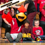 Arizona Cardinals mascot poses with two PDSD students