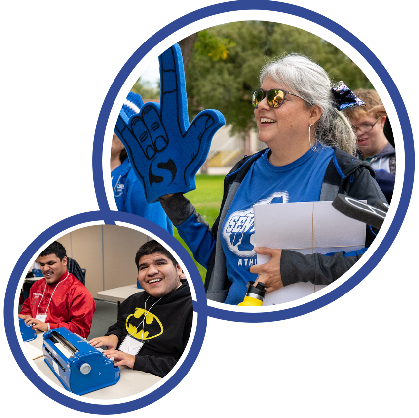 Two photos can be seen within two blue circles. A staff member in one of them is holding a blue foam finger. In the other one, Two students are seen sitting at a desk.