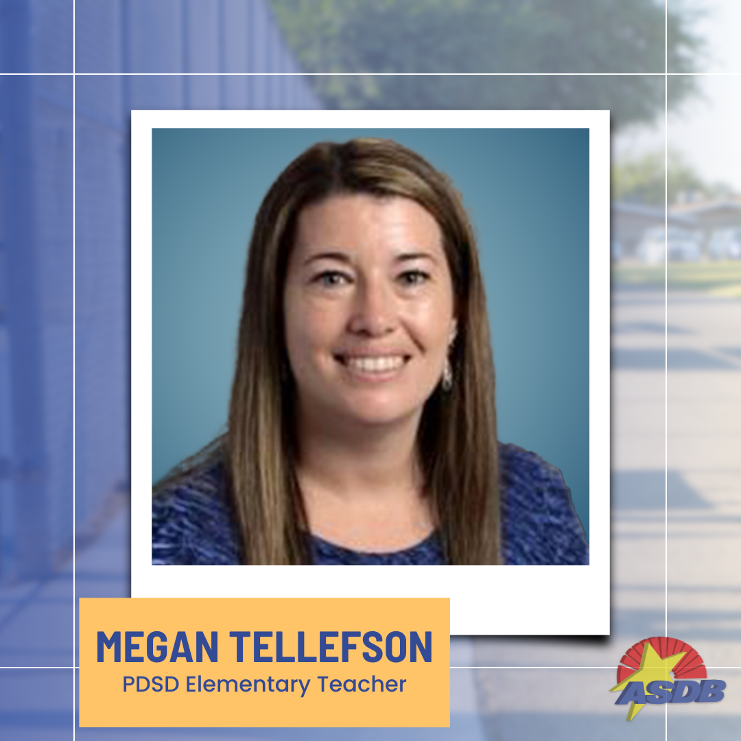 A portrait photo of PDSD Elementary Teacher Megan Tellefson. She has straight, brown and blonde hair, and is wearing a large smile on her face.