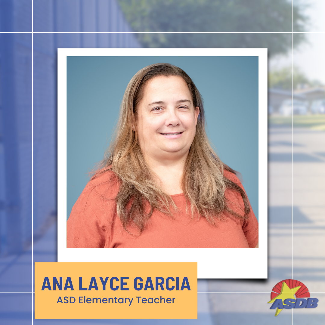 A portrait photo of ASD Elementary Teacher Ana Layce Garcia. She has long, light hair, is wearing an orange top, and has a wide smile on her face.