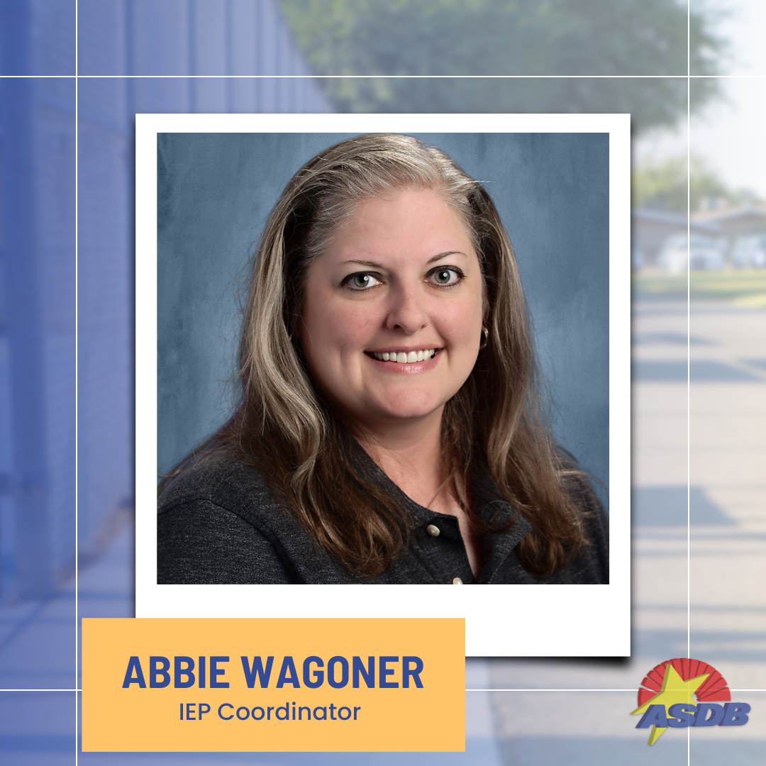 A portrait photo of Abbie Wagoner, IEP Coordinator. Abbie is wearing a black shirt and has long blonde and brunette hair.